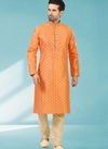 Orange Colour Outluk New Design Jacquard Silk Brocade Party Wear Kurta Pajama Mens Collection 1224-1035